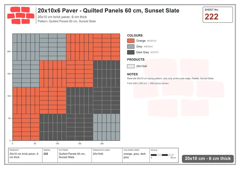 Interlock (Pasco) 20x10 cm · RC21-222 · Quilted Panels 60 cm, Sunset Slate · Laying plan Interlock (Pasco) 20x10 cm · RC21-222 · Quilted Panels 60 cm, Sunset Slate · Laying plan