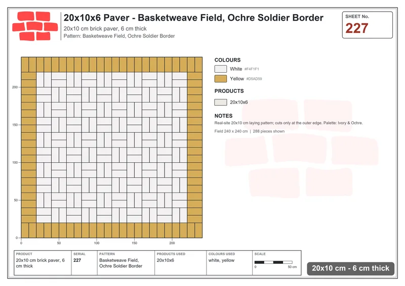 Interlock (Pasco) 20x10 cm · RC21-227 · Basketweave Field, Ochre Soldier Border · Laying plan Interlock (Pasco) 20x10 cm · RC21-227 · Basketweave Field, Ochre Soldier Border · Laying plan