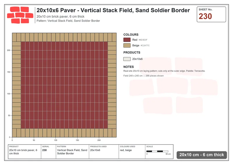 Interlock (Pasco) 20x10 cm · RC21-230 · Vertical Stack Field, Sand Soldier Border · Laying plan Interlock (Pasco) 20x10 cm · RC21-230 · Vertical Stack Field, Sand Soldier Border · Laying plan