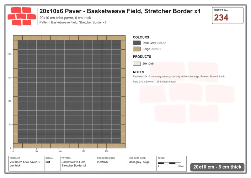 Interlock (Pasco) 20x10 cm · RC21-234 · Basketweave Field, Stretcher Border x1 · Laying plan Interlock (Pasco) 20x10 cm · RC21-234 · Basketweave Field, Stretcher Border x1 · Laying plan