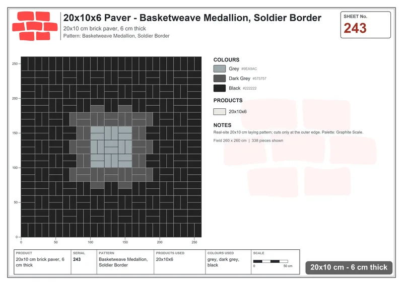 Interlock (Pasco) 20x10 cm · RC21-243 · Basketweave Medallion, Soldier Border · Laying plan Interlock (Pasco) 20x10 cm · RC21-243 · Basketweave Medallion, Soldier Border · Laying plan