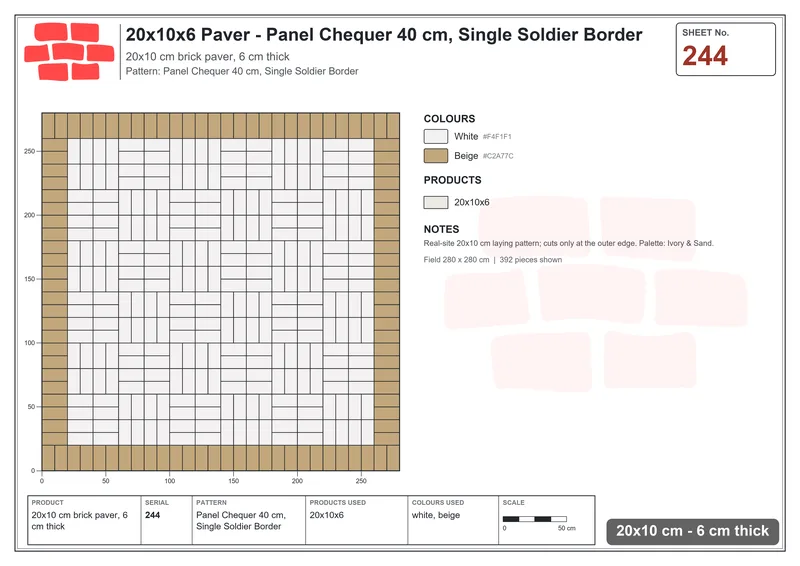 Interlock (Pasco) 20x10 cm · RC21-244 · Panel Chequer 40 cm, Single Soldier Border · Laying plan Interlock (Pasco) 20x10 cm · RC21-244 · Panel Chequer 40 cm, Single Soldier Border · Laying plan