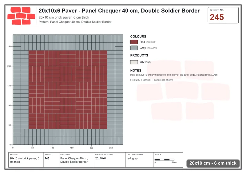 Interlock (Pasco) 20x10 cm · RC21-245 · Panel Chequer 40 cm, Double Soldier Border · Laying plan Interlock (Pasco) 20x10 cm · RC21-245 · Panel Chequer 40 cm, Double Soldier Border · Laying plan
