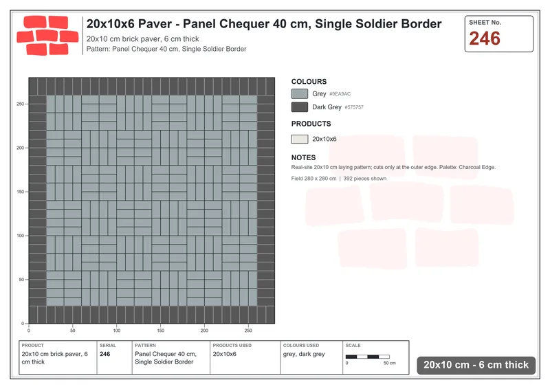 Interlock (Pasco) 20x10 cm · RC21-246 · Panel Chequer 40 cm, Single Soldier Border · Laying plan Interlock (Pasco) 20x10 cm · RC21-246 · Panel Chequer 40 cm, Single Soldier Border · Laying plan