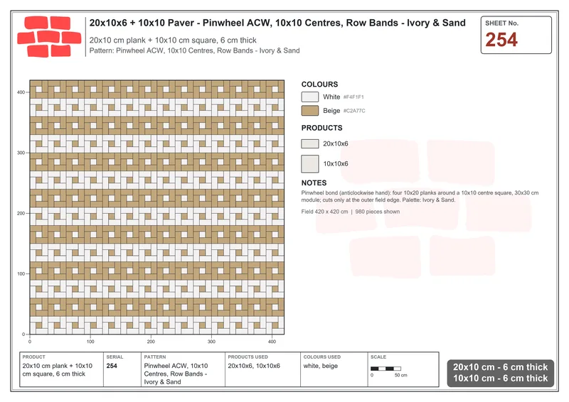 Interlock (Pasco) 20x10 cm · RC21-254 · Pinwheel ACW, 10x10 Centres, Row Bands - Ivory & Sand · Laying plan Interlock (Pasco) 20x10 cm · RC21-254 · Pinwheel ACW, 10x10 Centres, Row Bands - Ivory & Sand · Laying plan