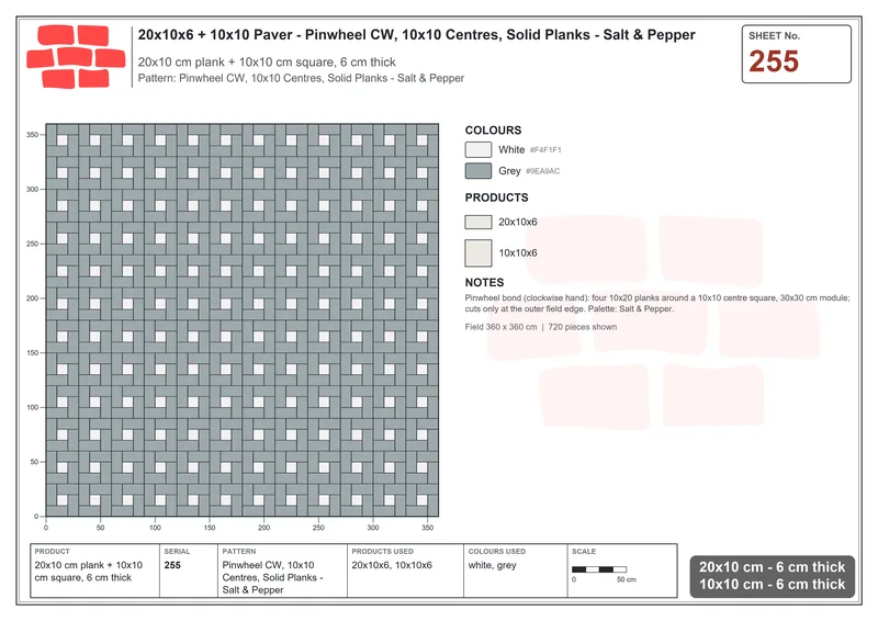 Interlock (Pasco) 20x10 cm · RC21-255 · Pinwheel CW, 10x10 Centres, Solid Planks - Salt & Pepper · Laying plan Interlock (Pasco) 20x10 cm · RC21-255 · Pinwheel CW, 10x10 Centres, Solid Planks - Salt & Pepper · Laying plan