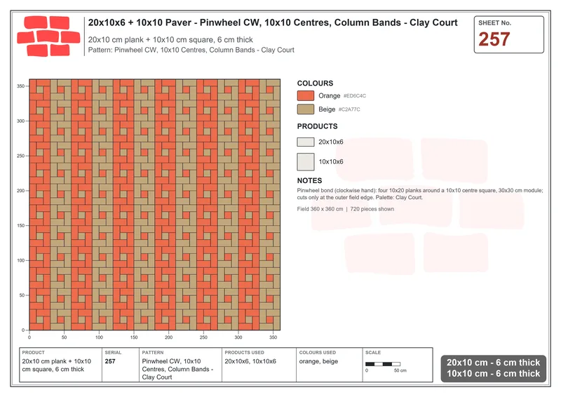 Interlock (Pasco) 20x10 cm · RC21-257 · Pinwheel CW, 10x10 Centres, Column Bands - Clay Court · Laying plan Interlock (Pasco) 20x10 cm · RC21-257 · Pinwheel CW, 10x10 Centres, Column Bands - Clay Court · Laying plan