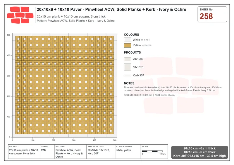 Interlock (Pasco) 20x10 cm · RC21-258 · Pinwheel ACW, Solid Planks + Kerb - Ivory & Ochre · Laying plan Interlock (Pasco) 20x10 cm · RC21-258 · Pinwheel ACW, Solid Planks + Kerb - Ivory & Ochre · Laying plan