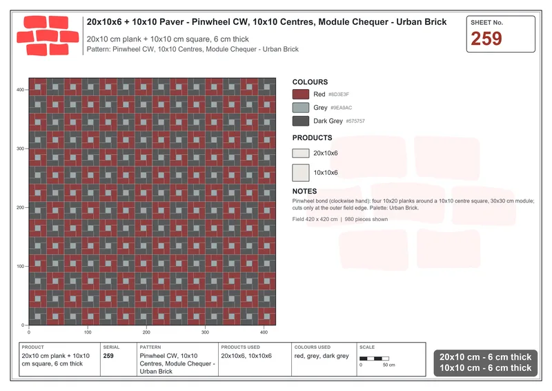Interlock (Pasco) 20x10 cm · RC21-259 · Pinwheel CW, 10x10 Centres, Module Chequer - Urban Brick · Laying plan Interlock (Pasco) 20x10 cm · RC21-259 · Pinwheel CW, 10x10 Centres, Module Chequer - Urban Brick · Laying plan