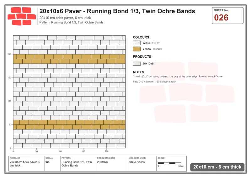 Interlock (Pasco) 20x10 cm · RC21-26 · Running Bond 1/3, Twin Ochre Bands · Laying plan Interlock (Pasco) 20x10 cm · RC21-26 · Running Bond 1/3, Twin Ochre Bands · Laying plan
