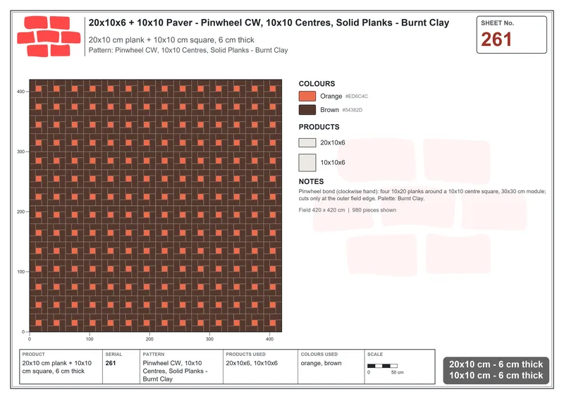 Interlock (Pasco) 20x10 cm · RC21-261 · Pinwheel CW, 10x10 Centres, Solid Planks - Burnt Clay · Laying plan Interlock (Pasco) 20x10 cm · RC21-261 · Pinwheel CW, 10x10 Centres, Solid Planks - Burnt Clay · Laying plan