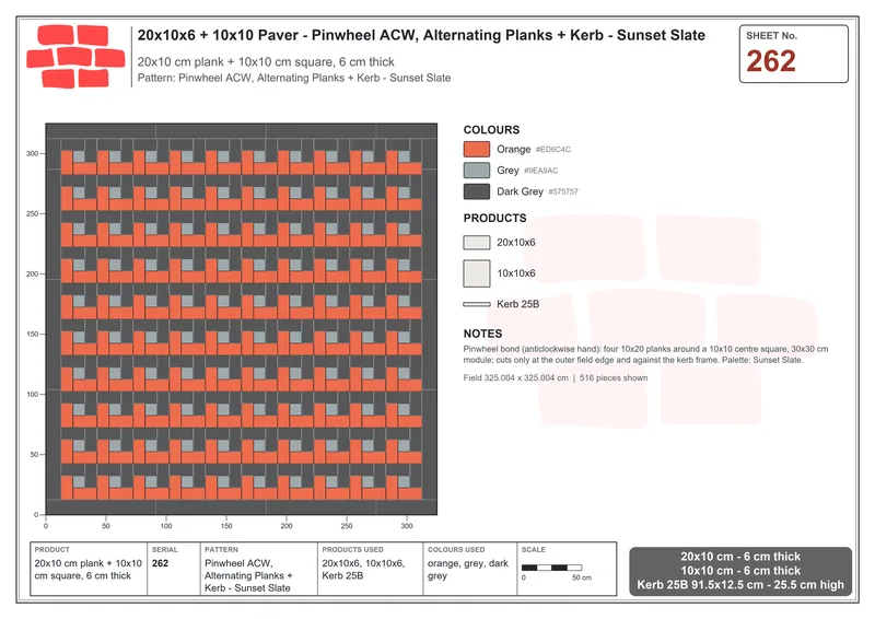 Interlock (Pasco) 20x10 cm · RC21-262 · Pinwheel ACW, Alternating Planks + Kerb - Sunset Slate · Laying plan Interlock (Pasco) 20x10 cm · RC21-262 · Pinwheel ACW, Alternating Planks + Kerb - Sunset Slate · Laying plan