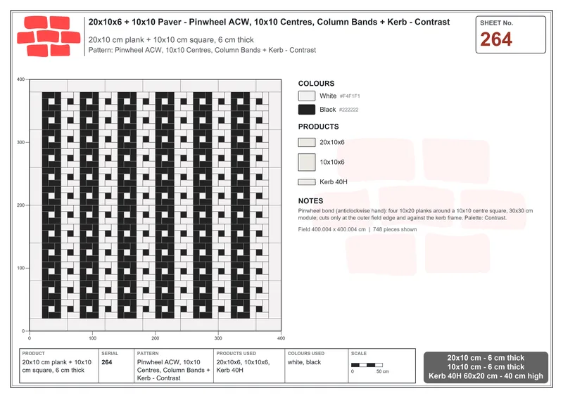 Interlock (Pasco) 20x10 cm · RC21-264 · Pinwheel ACW, 10x10 Centres, Column Bands + Kerb - Contrast · Laying plan Interlock (Pasco) 20x10 cm · RC21-264 · Pinwheel ACW, 10x10 Centres, Column Bands + Kerb - Contrast · Laying plan