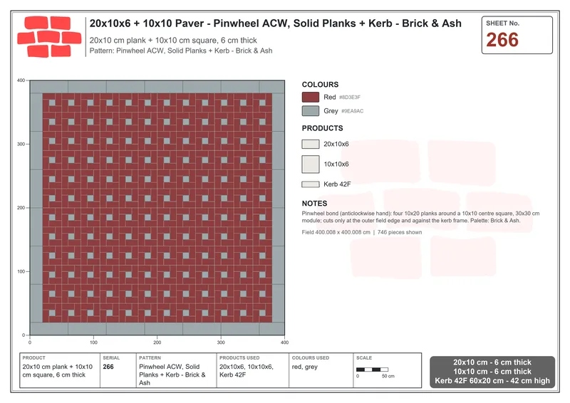 Interlock (Pasco) 20x10 cm · RC21-266 · Pinwheel ACW, Solid Planks + Kerb - Brick & Ash · Laying plan Interlock (Pasco) 20x10 cm · RC21-266 · Pinwheel ACW, Solid Planks + Kerb - Brick & Ash · Laying plan