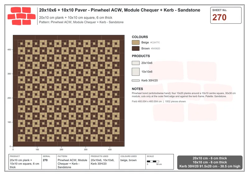 Interlock (Pasco) 20x10 cm · RC21-270 · Pinwheel ACW, Module Chequer + Kerb - Sandstone · Laying plan Interlock (Pasco) 20x10 cm · RC21-270 · Pinwheel ACW, Module Chequer + Kerb - Sandstone · Laying plan