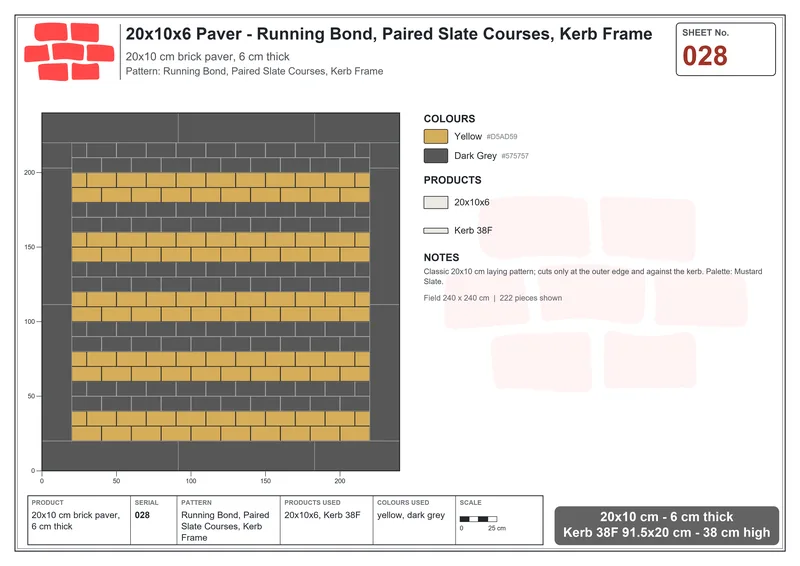 Interlock (Pasco) 20x10 cm · RC21-28 · Running Bond, Paired Slate Courses, Kerb Frame · Laying plan Interlock (Pasco) 20x10 cm · RC21-28 · Running Bond, Paired Slate Courses, Kerb Frame · Laying plan
