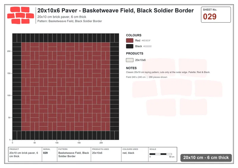 Interlock (Pasco) 20x10 cm · RC21-29 · Basketweave Field, Black Soldier Border · Laying plan Interlock (Pasco) 20x10 cm · RC21-29 · Basketweave Field, Black Soldier Border · Laying plan