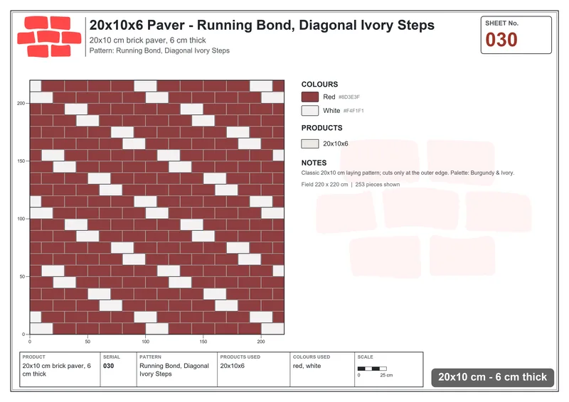Interlock (Pasco) 20x10 cm · RC21-30 · Running Bond, Diagonal Ivory Steps · Laying plan Interlock (Pasco) 20x10 cm · RC21-30 · Running Bond, Diagonal Ivory Steps · Laying plan