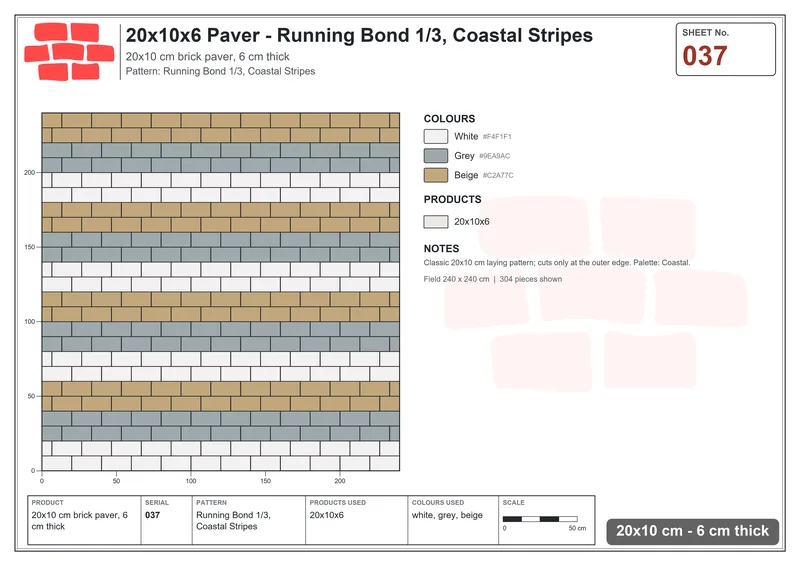 Interlock (Pasco) 20x10 cm · RC21-37 · Running Bond 1/3, Coastal Stripes · Laying plan Interlock (Pasco) 20x10 cm · RC21-37 · Running Bond 1/3, Coastal Stripes · Laying plan