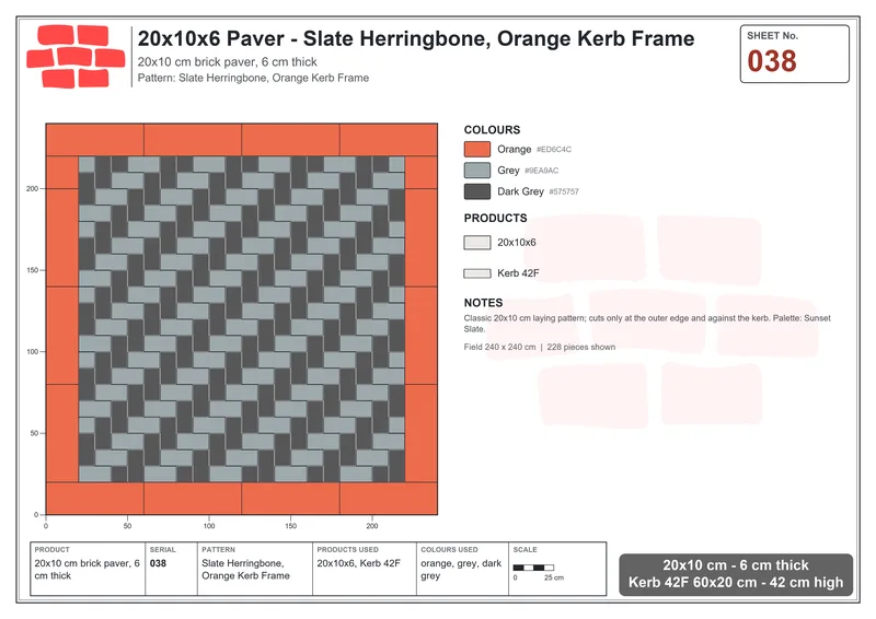Interlock (Pasco) 20x10 cm · RC21-38 · Slate Herringbone, Orange Kerb Frame · Laying plan Interlock (Pasco) 20x10 cm · RC21-38 · Slate Herringbone, Orange Kerb Frame · Laying plan