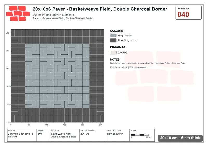 Interlock (Pasco) 20x10 cm · RC21-40 · Basketweave Field, Double Charcoal Border · Laying plan Interlock (Pasco) 20x10 cm · RC21-40 · Basketweave Field, Double Charcoal Border · Laying plan