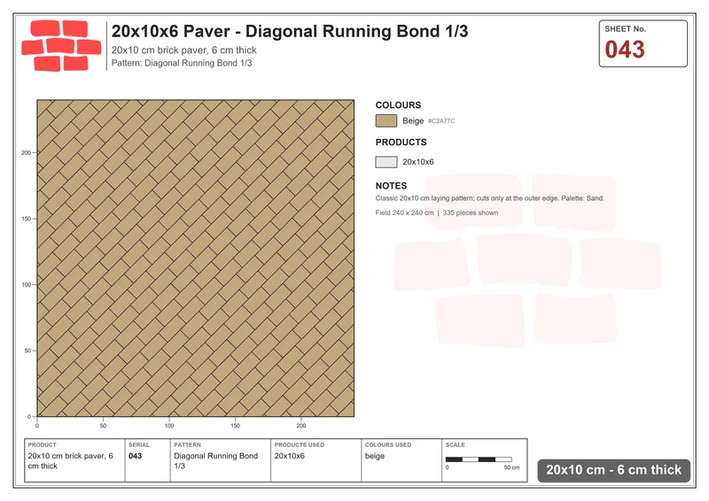 Interlock (Pasco) 20x10 cm · RC21-43 · Diagonal Running Bond 1/3 · Laying plan Interlock (Pasco) 20x10 cm · RC21-43 · Diagonal Running Bond 1/3 · Laying plan