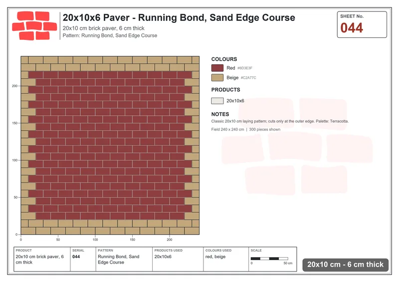 Interlock (Pasco) 20x10 cm · RC21-44 · Running Bond, Sand Edge Course · Laying plan Interlock (Pasco) 20x10 cm · RC21-44 · Running Bond, Sand Edge Course · Laying plan