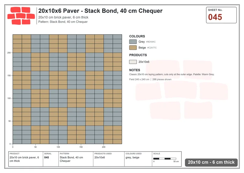 Interlock (Pasco) 20x10 cm · RC21-45 · Stack Bond, 40 cm Chequer · Laying plan Interlock (Pasco) 20x10 cm · RC21-45 · Stack Bond, 40 cm Chequer · Laying plan