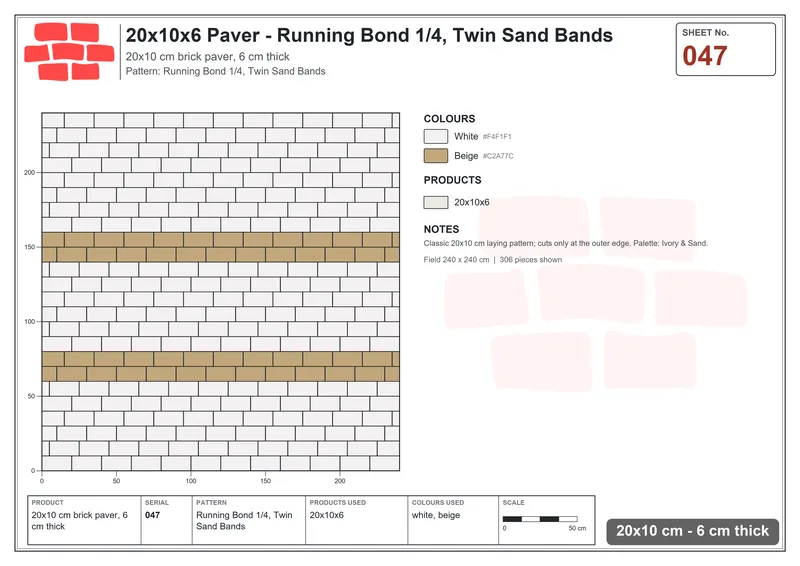 Interlock (Pasco) 20x10 cm · RC21-47 · Running Bond 1/4, Twin Sand Bands · Laying plan Interlock (Pasco) 20x10 cm · RC21-47 · Running Bond 1/4, Twin Sand Bands · Laying plan