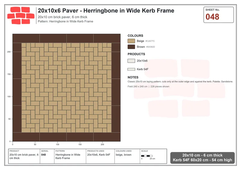 Interlock (Pasco) 20x10 cm · RC21-48 · Herringbone in Wide Kerb Frame · Laying plan Interlock (Pasco) 20x10 cm · RC21-48 · Herringbone in Wide Kerb Frame · Laying plan