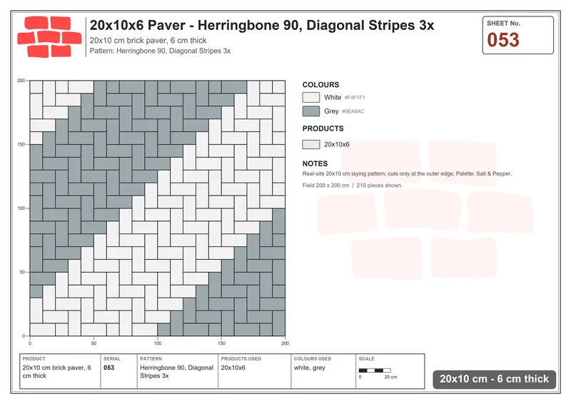 Interlock (Pasco) 20x10 cm · RC21-53 · Herringbone 90, Diagonal Stripes 3x · Laying plan Interlock (Pasco) 20x10 cm · RC21-53 · Herringbone 90, Diagonal Stripes 3x · Laying plan