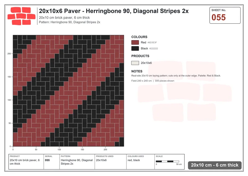 Interlock (Pasco) 20x10 cm · RC21-55 · Herringbone 90, Diagonal Stripes 2x · Laying plan Interlock (Pasco) 20x10 cm · RC21-55 · Herringbone 90, Diagonal Stripes 2x · Laying plan