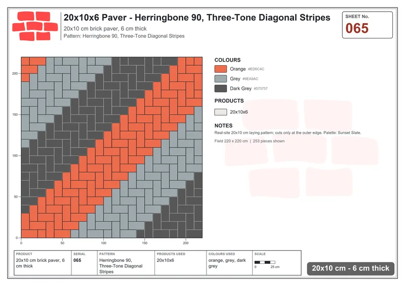Interlock (Pasco) 20x10 cm · RC21-65 · Herringbone 90, Three-Tone Diagonal Stripes · Laying plan Interlock (Pasco) 20x10 cm · RC21-65 · Herringbone 90, Three-Tone Diagonal Stripes · Laying plan
