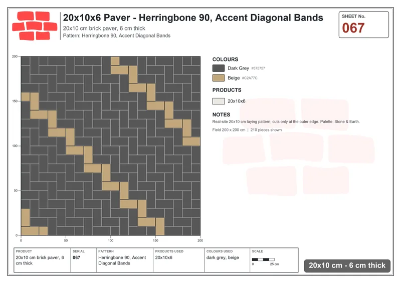 Interlock (Pasco) 20x10 cm · RC21-67 · Herringbone 90, Accent Diagonal Bands · Laying plan Interlock (Pasco) 20x10 cm · RC21-67 · Herringbone 90, Accent Diagonal Bands · Laying plan