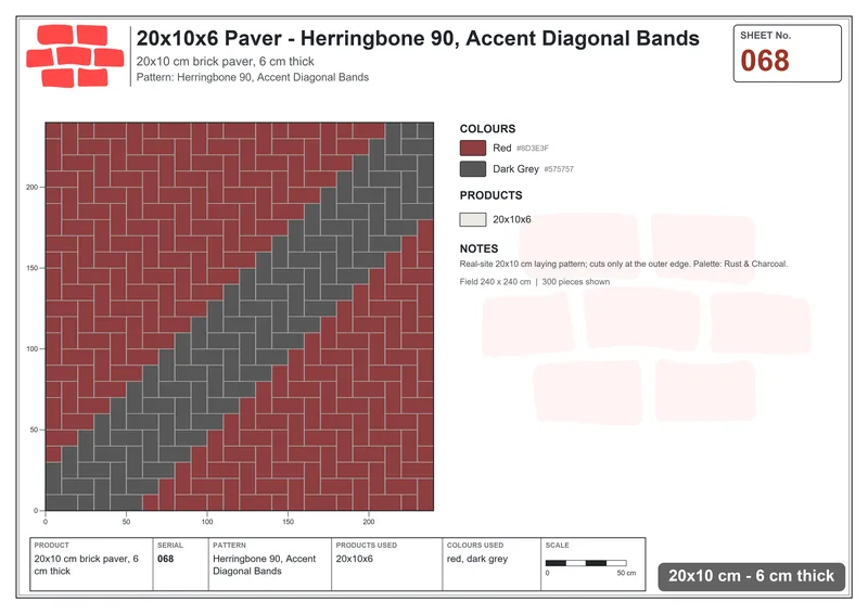 Interlock (Pasco) 20x10 cm · RC21-68 · Herringbone 90, Accent Diagonal Bands · Laying plan Interlock (Pasco) 20x10 cm · RC21-68 · Herringbone 90, Accent Diagonal Bands · Laying plan