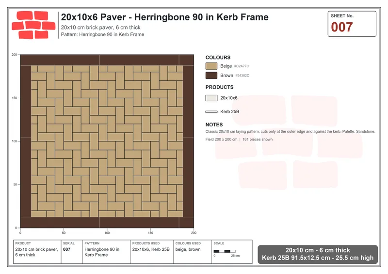 Interlock (Pasco) 20x10 cm · RC21-7 · Herringbone 90 in Kerb Frame · Laying plan Interlock (Pasco) 20x10 cm · RC21-7 · Herringbone 90 in Kerb Frame · Laying plan