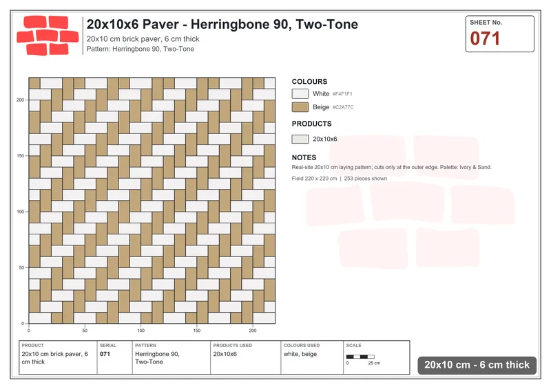 Interlock (Pasco) 20x10 cm · RC21-71 · Herringbone 90, Two-Tone · Laying plan Interlock (Pasco) 20x10 cm · RC21-71 · Herringbone 90, Two-Tone · Laying plan