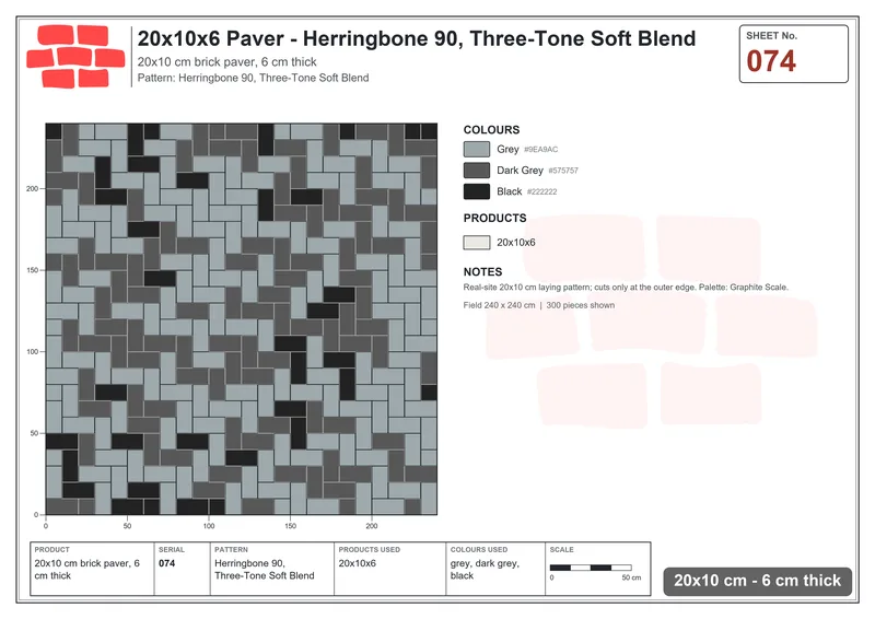 Interlock (Pasco) 20x10 cm · RC21-74 · Herringbone 90, Three-Tone Soft Blend · Laying plan Interlock (Pasco) 20x10 cm · RC21-74 · Herringbone 90, Three-Tone Soft Blend · Laying plan