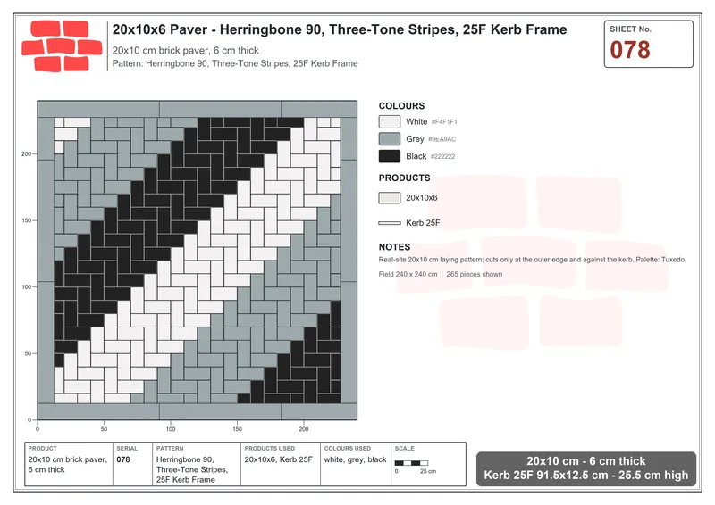Interlock (Pasco) 20x10 cm · RC21-78 · Herringbone 90, Three-Tone Stripes, 25F Kerb Frame · Laying plan Interlock (Pasco) 20x10 cm · RC21-78 · Herringbone 90, Three-Tone Stripes, 25F Kerb Frame · Laying plan