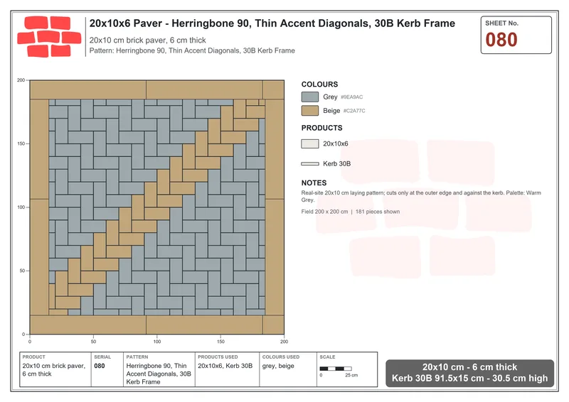 Interlock (Pasco) 20x10 cm · RC21-80 · Herringbone 90, Thin Accent Diagonals, 30B Kerb Frame · Laying plan Interlock (Pasco) 20x10 cm · RC21-80 · Herringbone 90, Thin Accent Diagonals, 30B Kerb Frame · Laying plan