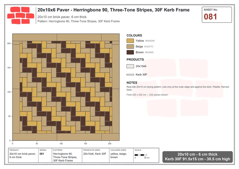 Interlock (Pasco) 20x10 cm · RC21-81 · Herringbone 90, Three-Tone Stripes, 30F Kerb Frame · Laying plan Interlock (Pasco) 20x10 cm · RC21-81 · Herringbone 90, Three-Tone Stripes, 30F Kerb Frame · Laying plan