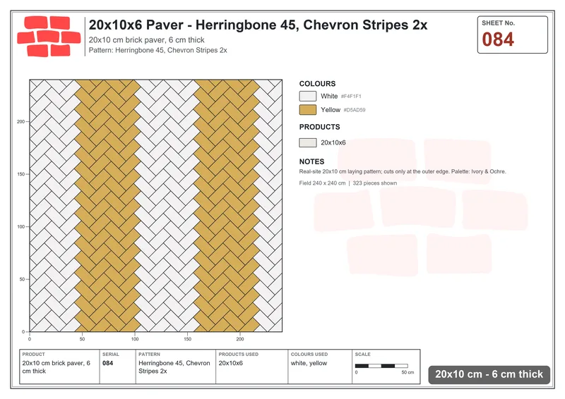 Interlock (Pasco) 20x10 cm · RC21-84 · Herringbone 45, Chevron Stripes 2x · Laying plan Interlock (Pasco) 20x10 cm · RC21-84 · Herringbone 45, Chevron Stripes 2x · Laying plan