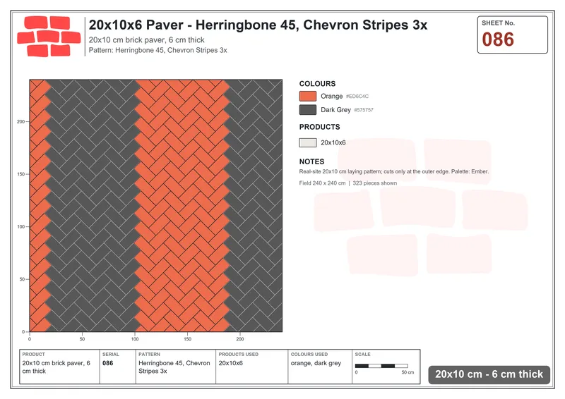 Interlock (Pasco) 20x10 cm · RC21-86 · Herringbone 45, Chevron Stripes 3x · Laying plan Interlock (Pasco) 20x10 cm · RC21-86 · Herringbone 45, Chevron Stripes 3x · Laying plan