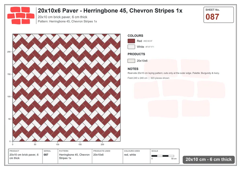 Interlock (Pasco) 20x10 cm · RC21-87 · Herringbone 45, Chevron Stripes 1x · Laying plan Interlock (Pasco) 20x10 cm · RC21-87 · Herringbone 45, Chevron Stripes 1x · Laying plan