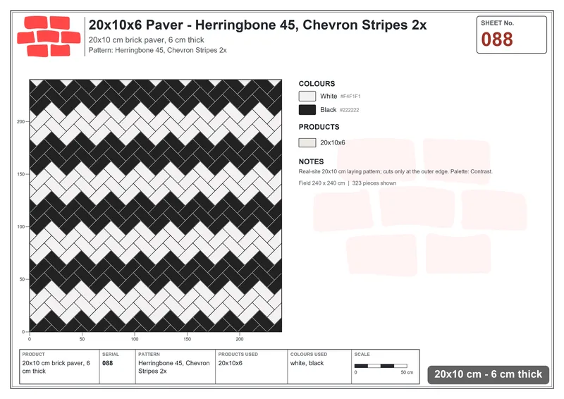 Interlock (Pasco) 20x10 cm · RC21-88 · Herringbone 45, Chevron Stripes 2x · Laying plan Interlock (Pasco) 20x10 cm · RC21-88 · Herringbone 45, Chevron Stripes 2x · Laying plan