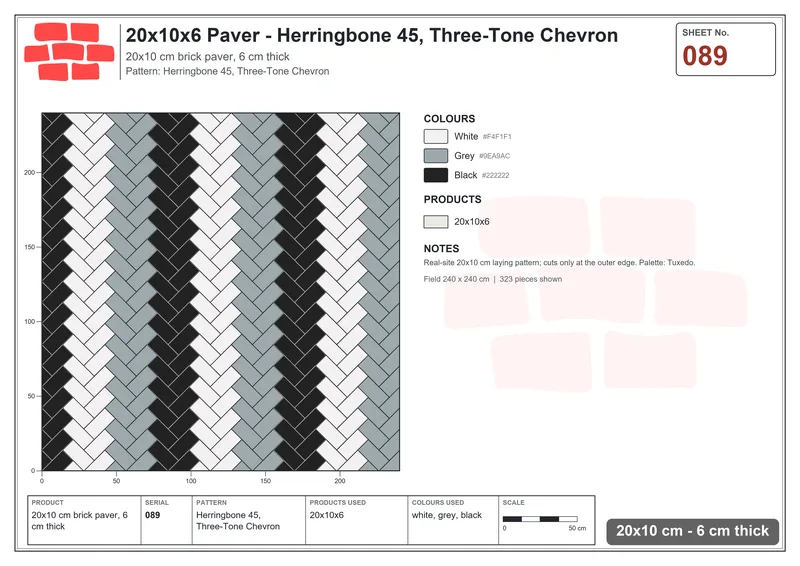 Interlock (Pasco) 20x10 cm · RC21-89 · Herringbone 45, Three-Tone Chevron · Laying plan Interlock (Pasco) 20x10 cm · RC21-89 · Herringbone 45, Three-Tone Chevron · Laying plan