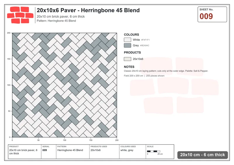 Interlock (Pasco) 20x10 cm · RC21-9 · Herringbone 45 Blend · Laying plan Interlock (Pasco) 20x10 cm · RC21-9 · Herringbone 45 Blend · Laying plan