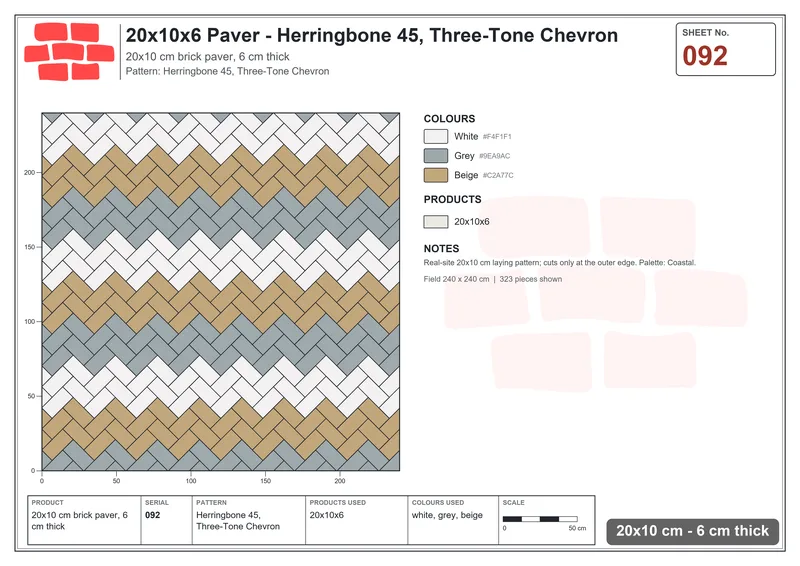 Interlock (Pasco) 20x10 cm · RC21-92 · Herringbone 45, Three-Tone Chevron · Laying plan Interlock (Pasco) 20x10 cm · RC21-92 · Herringbone 45, Three-Tone Chevron · Laying plan