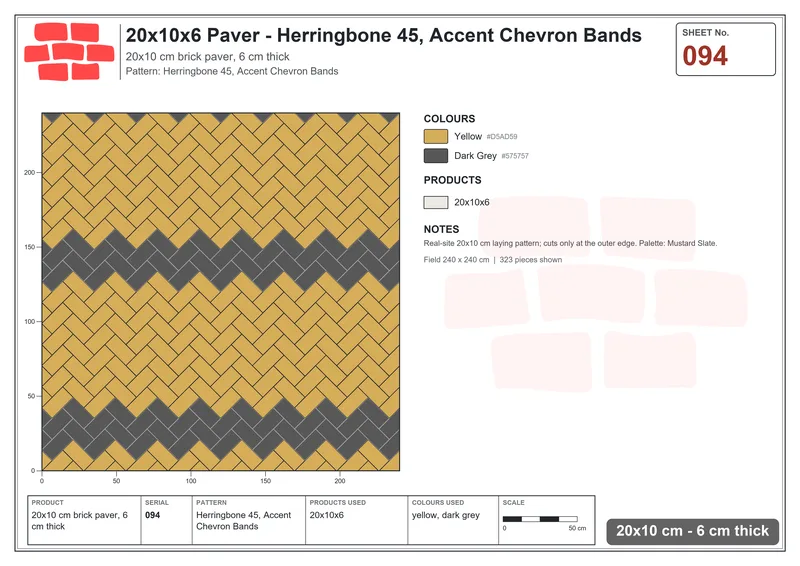 Interlock (Pasco) 20x10 cm · RC21-94 · Herringbone 45, Accent Chevron Bands · Laying plan Interlock (Pasco) 20x10 cm · RC21-94 · Herringbone 45, Accent Chevron Bands · Laying plan