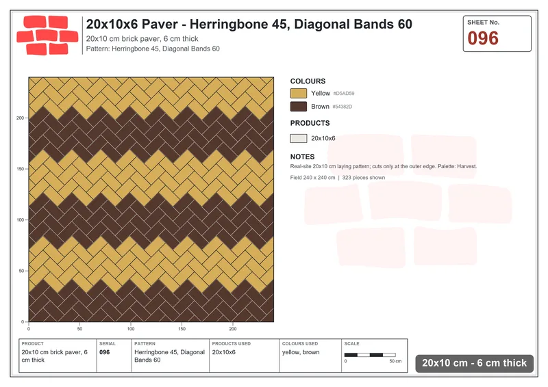 Interlock (Pasco) 20x10 cm · RC21-96 · Herringbone 45, Diagonal Bands 60 · Laying plan Interlock (Pasco) 20x10 cm · RC21-96 · Herringbone 45, Diagonal Bands 60 · Laying plan